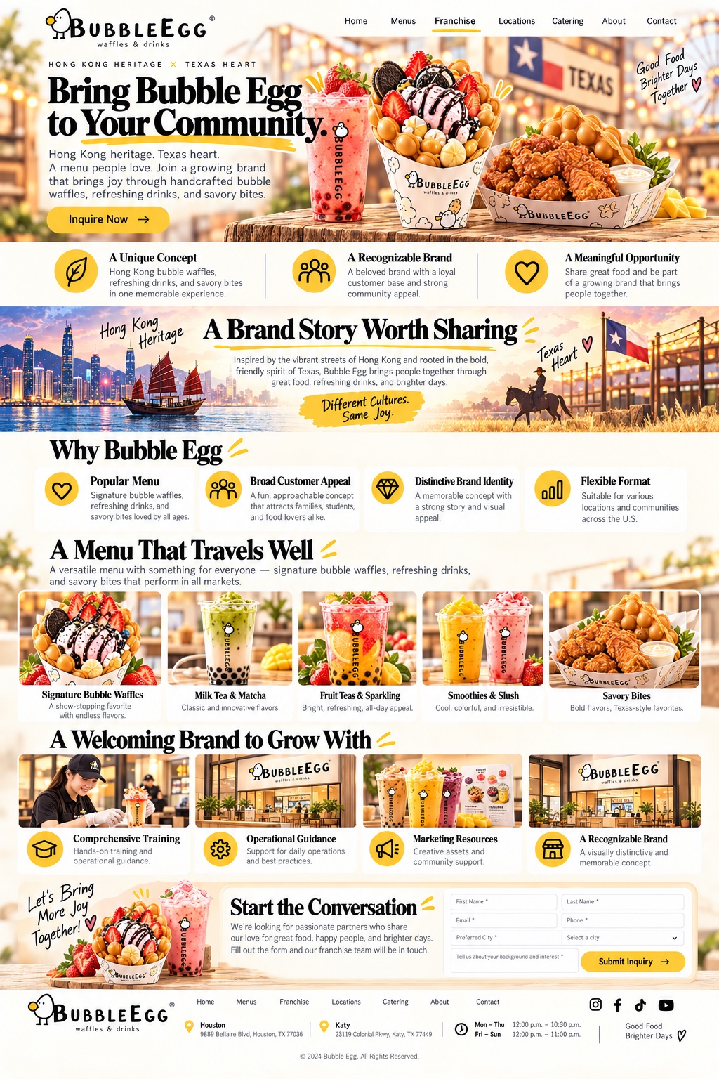 Bring Bubble Egg to Your Community. Hong Kong heritage. Texas heart. A menu people love.