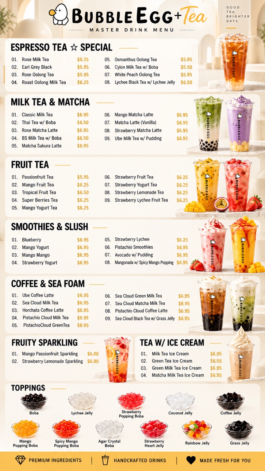 Handcrafted Drinks — original Bubble Egg menu with products and prices