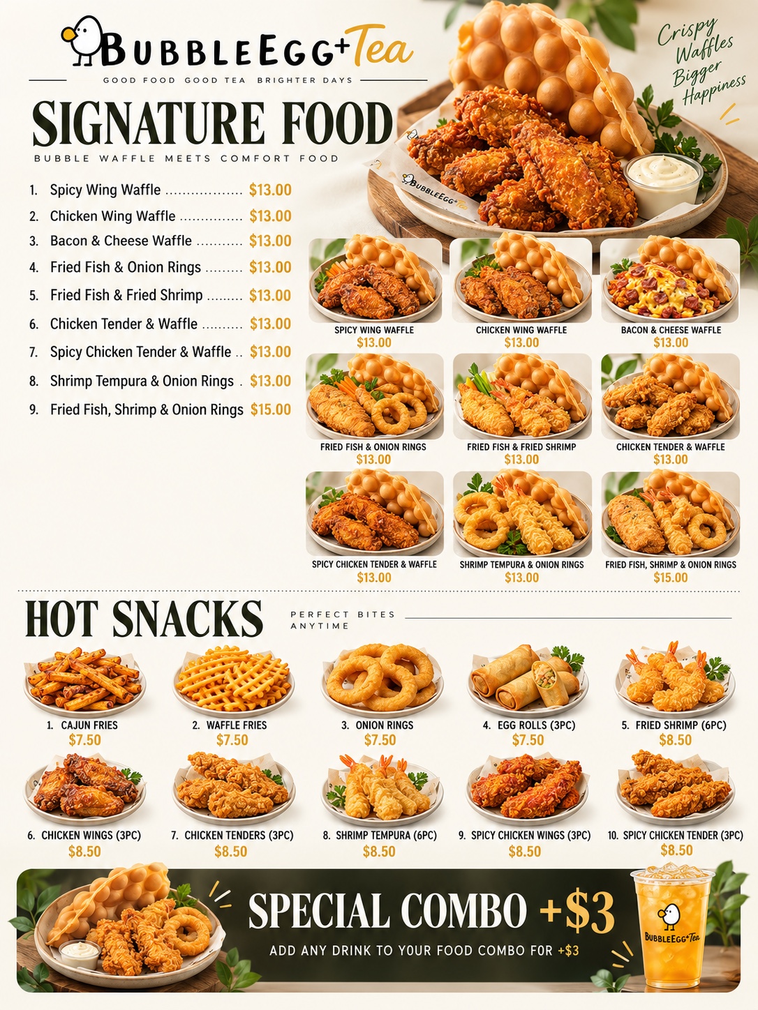Signature Food & Hot Snacks — original Bubble Egg menu with products and prices