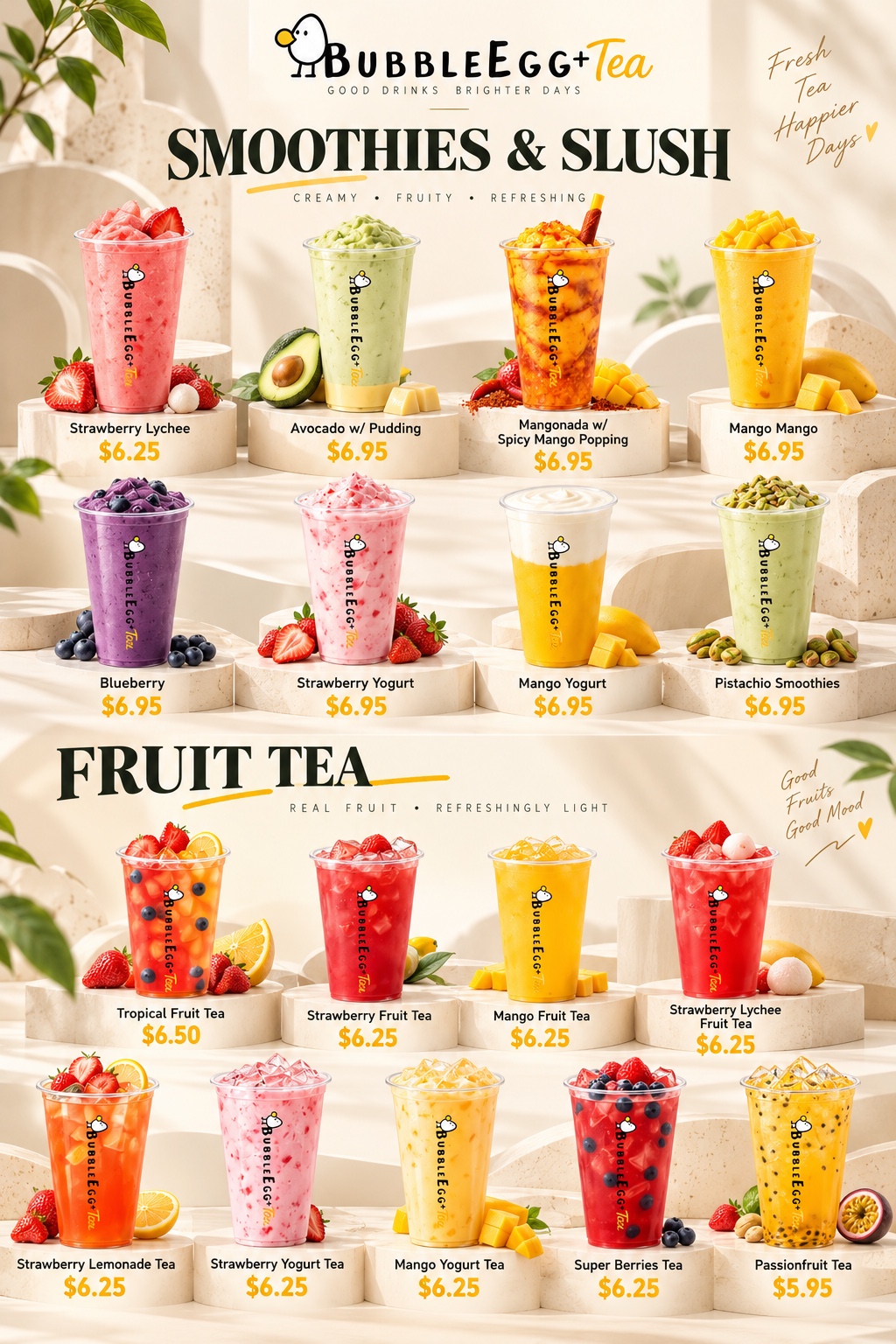 Fruit Tea & Smoothies — original Bubble Egg menu with products and prices