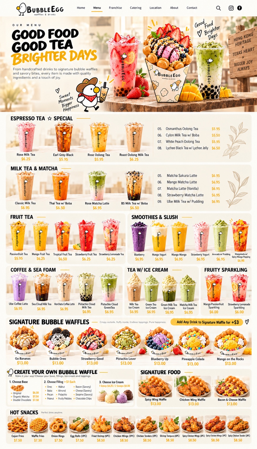 Good Food. Good Tea. Brighter Days. From handcrafted drinks to signature bubble waffles and savory bites.