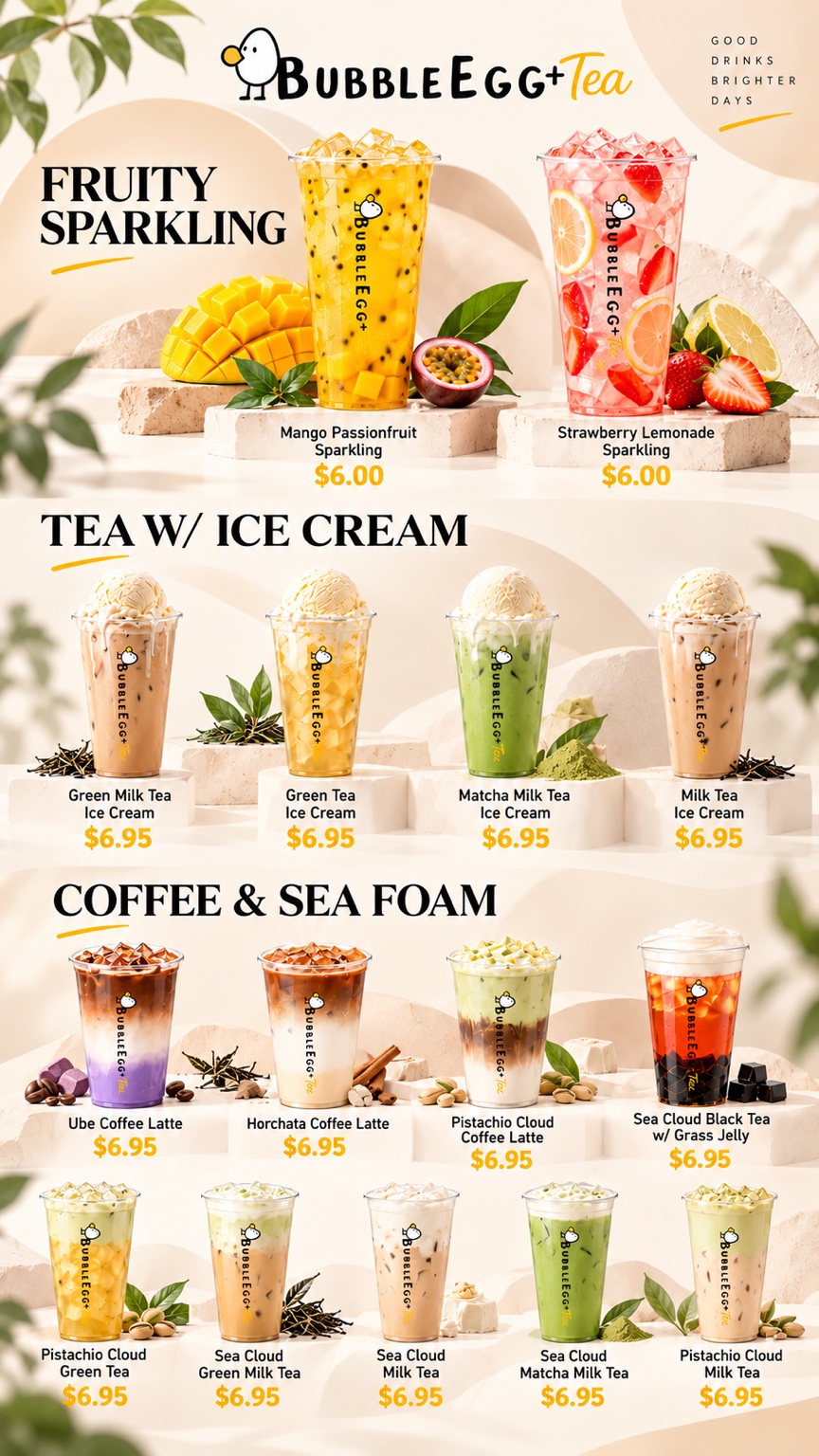 Coffee, Sea Foam & Special Drinks — original Bubble Egg menu with products and prices