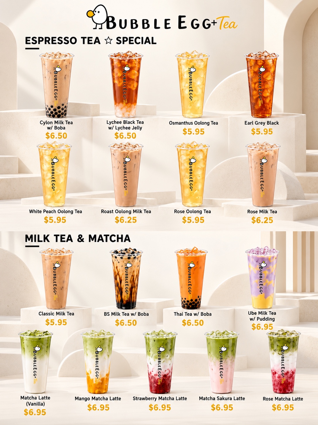 Milk Tea & Matcha — original Bubble Egg menu with products and prices