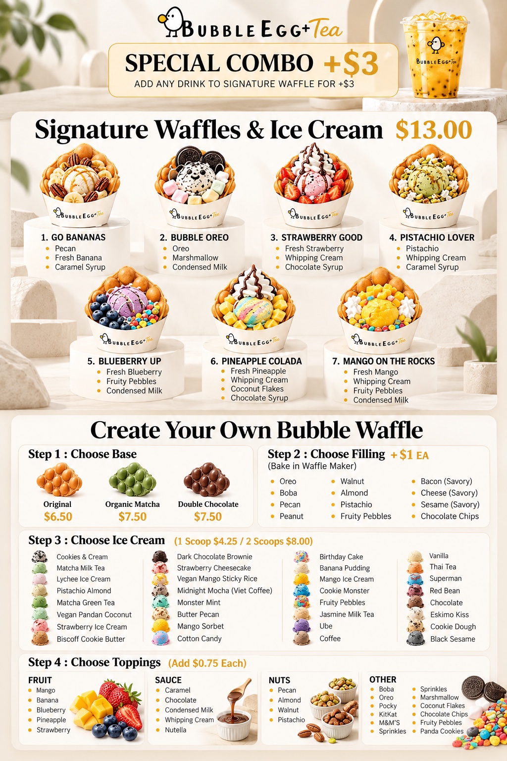 Signature Bubble Waffles — original Bubble Egg menu with products and prices